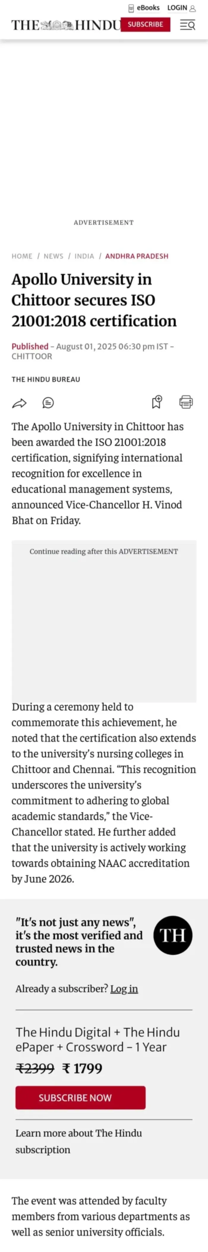 The Hindu reports on The Apollo University's ISO 21001:2018 certificate handover ceremony