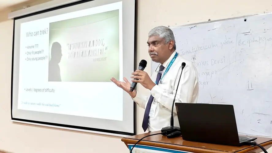 Dean R. Alfred J Augustine delivering a speech on trekking at The Apollo University Trekking Club Orientation.