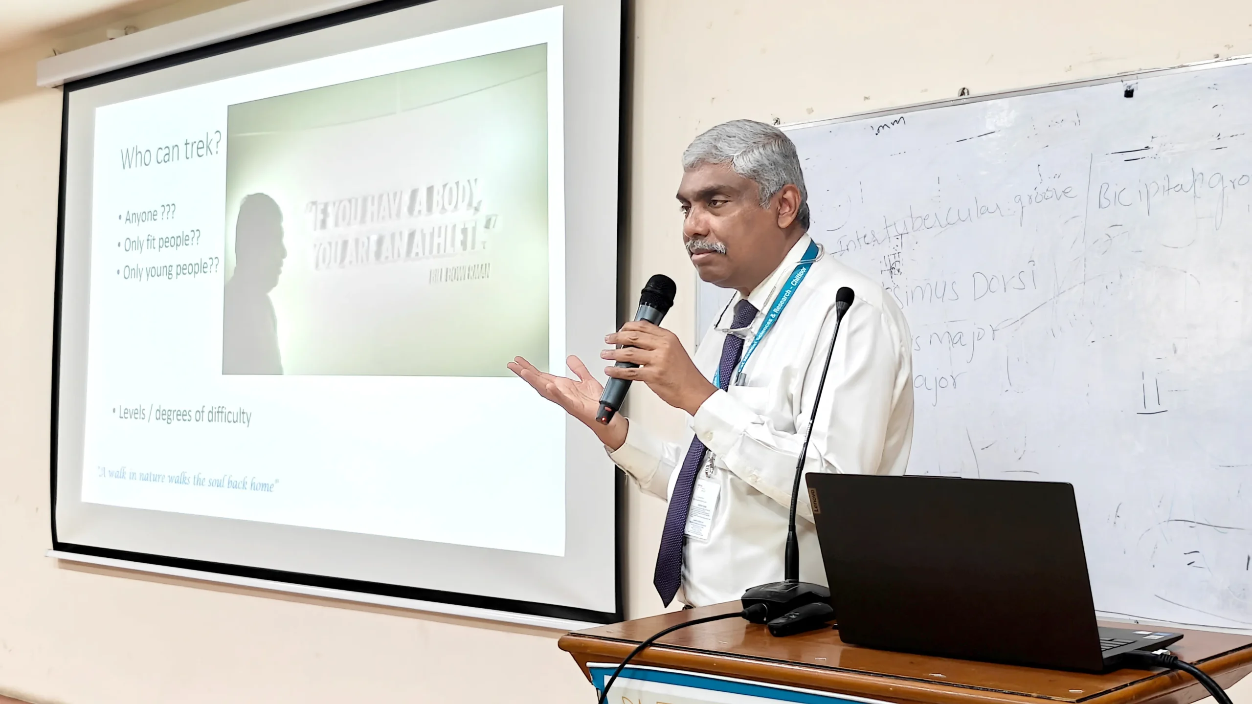 Dean R. Alfred J Augustine delivering a speech on trekking at The Apollo University Trekking Club Orientation.
