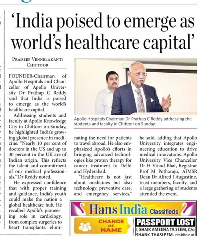 Coverage of Dr. Pratap C. Reddy’s recognition in healthcare