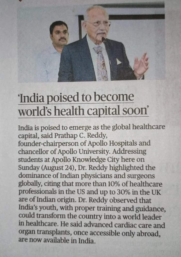 Honorable Chairman Dr. Pratap C. Reddy in healthcare news feature