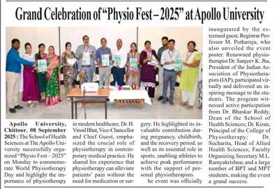 Press clipping highlighting the Grand Celebration of Physio Fest-2025 at The Apollo University.