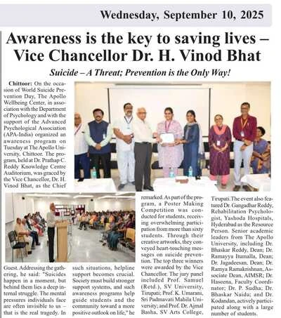 Press clipping highlighting the Awareness Programme on World Suicide Prevention Day at The Apollo University.