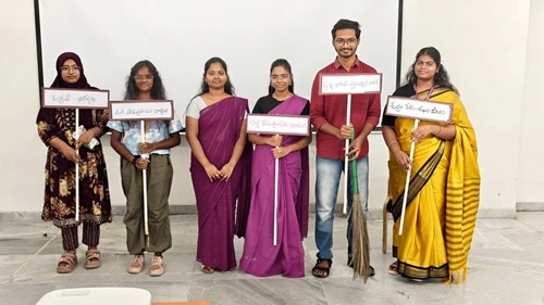 Students performing a cleanliness-themed skit under the Swachhta Hi Seva campaign