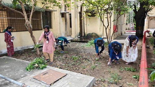 Students participating in plantation and cleanliness drive at district hospital