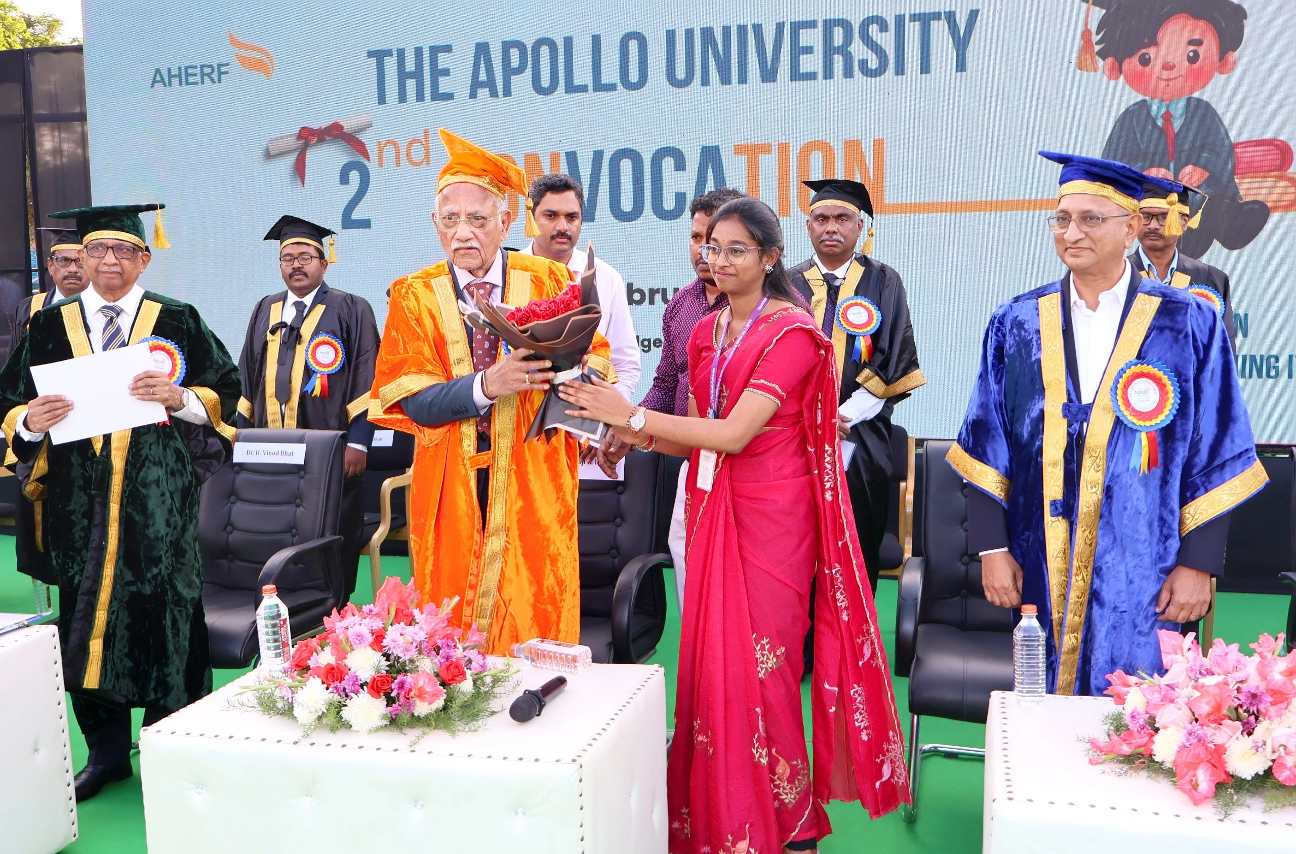 Chancellor, Dr. Prathap C Reddy is welcomed with a Bouquet