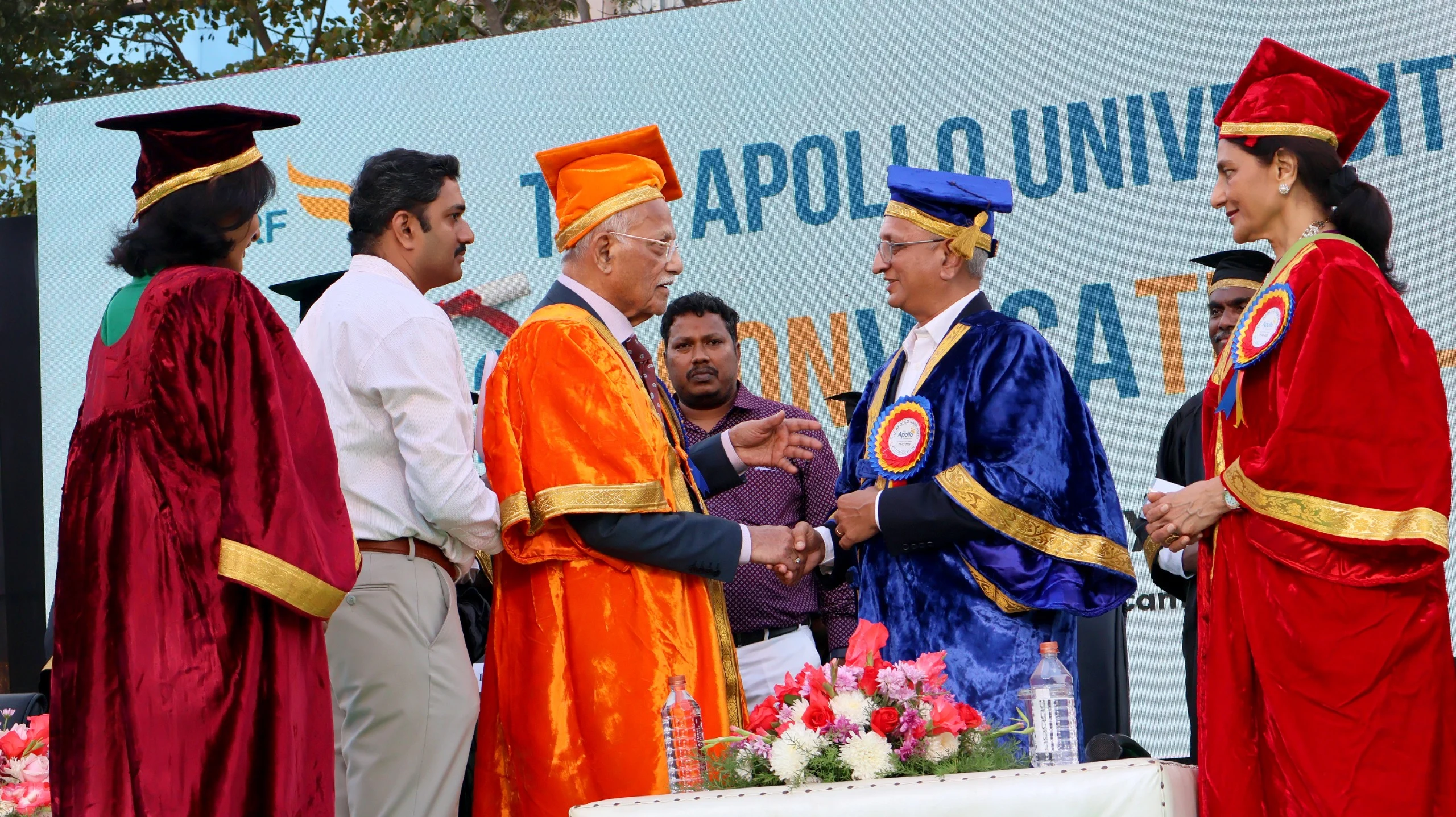 Dr. Prathap C. Reddy, Chancellor, The Apollo University, in discussion with the Chief Guest, Dr. K. N. Satyanarayana, Director, IIT Tirupati, in the presence of Dr. Preetha Reddy, E